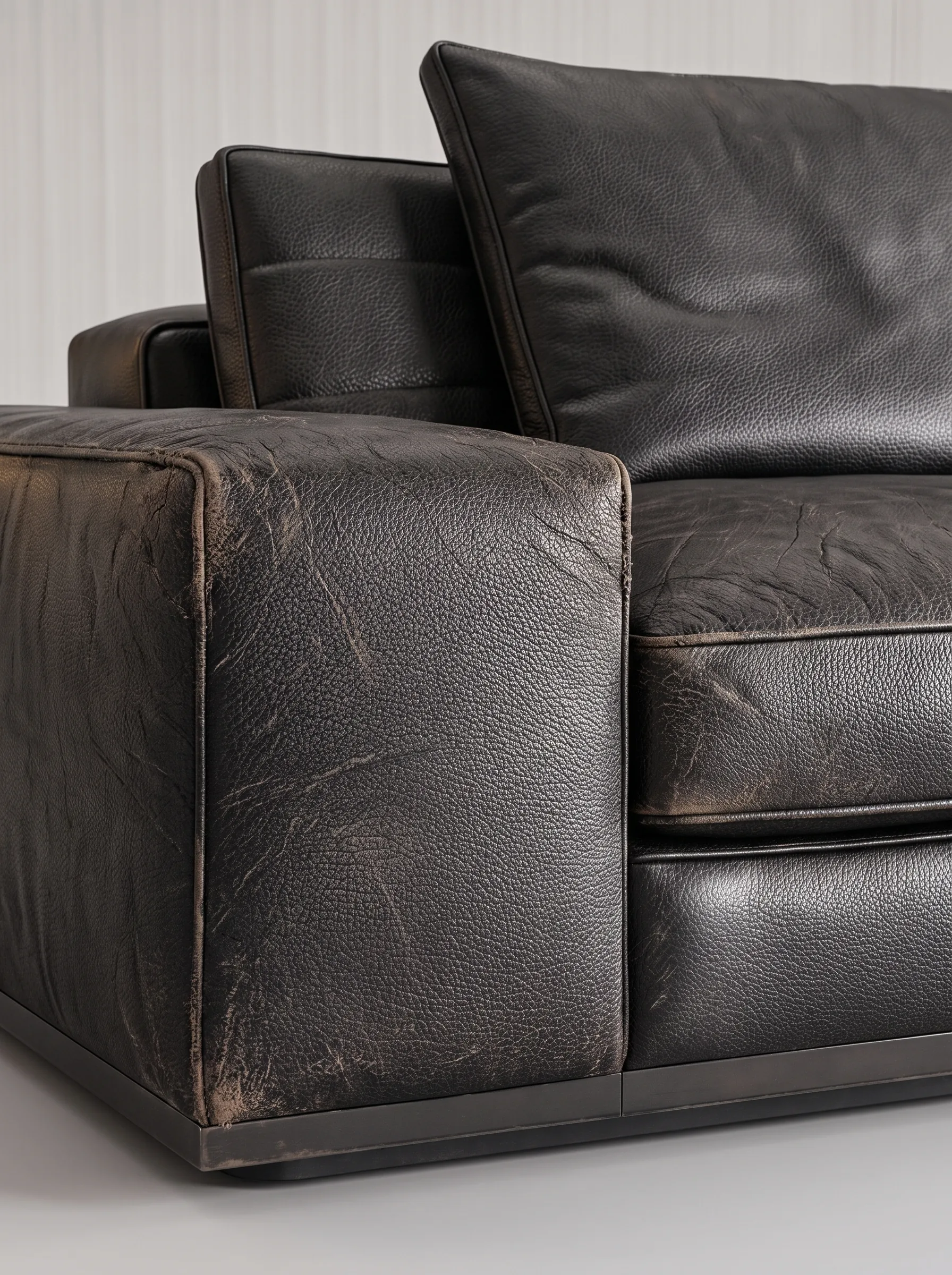 Greyed, faded black leather sofa before restoration